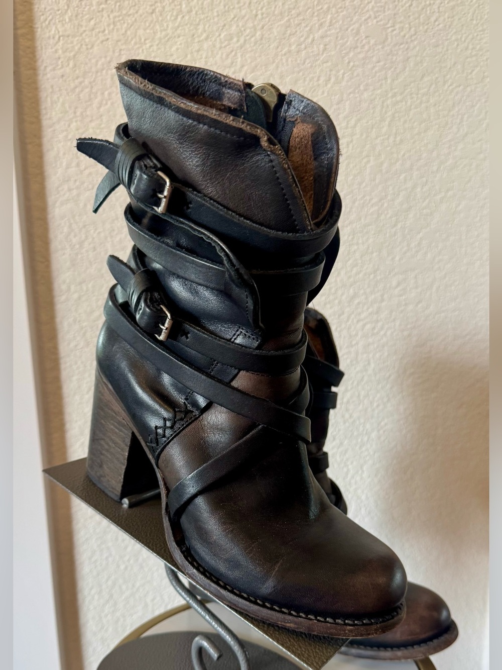 Freebird “Baker”Black Leather Strappy Boots
